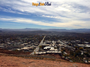 Dixie Rock (which is a big red rock with DIXIE written on it and also called Sugarloaf) can be climbed and gives beautiful vies of downtown, the St. George Temple, Zions National Park, White Dome and even to Arizona. 